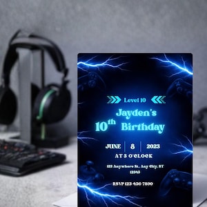 Neon Gaming Birthday Invitation, Level 10 Gamer Party Invite, Electric Blue Lightning Controller Theme, Editable Digital Download