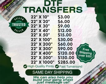 DTF Transfers & Gang Sheet Prints, Direct to Film Sheets, Iron On Decals, Heat Transfer