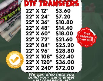 Custom DTF Transfers, Gang Sheets, Direct to Film Prints, Hot Peel Heat Transfer