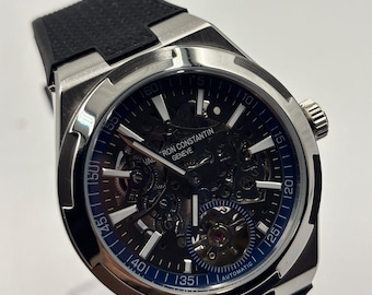 Vintage Vacheron-Constantin Overseas Tourbillon Skeleton Blue Dial Classic Wristwatch Elegant Timepiece