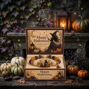May include: A beaded bracelet with purple, orange, and white beads and a central cylindrical charm featuring a witch illustration, presented in a decorative box labeled Happy Halloween Spooky Season Limited Edition 2026 with witch artwork.