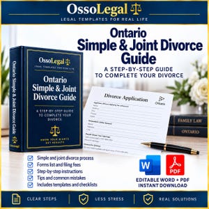 Pode incluir: Um livro azul-escuro intitulado Ontario Simple & Joint Divorce Guide com texto dourado e um ícone de balança. Ao lado, há um formulário de pedido de divórcio branco, uma caneta preta e ícones de Word e PDF para download imediato.