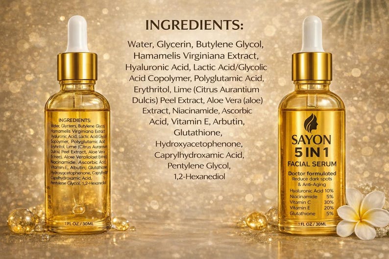 May include: Two gold-colored glass bottles of facial serum with white droppers. The bottles are labeled "SAYON 5 IN 1 FACIAL SERUM" and list ingredients and percentages. The background is a blurred golden color with a white flower.