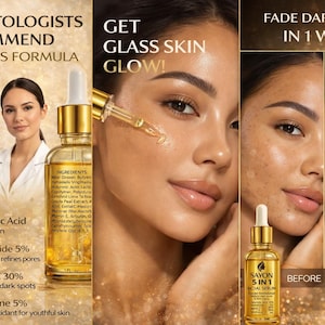 May include: An advertisement for a facial serum. The image features a bottle of serum, before and after photos of skin, and text that reads "Dermatologists Recommend This Formula" and "Fade Dark Spots in 1 Week!"
