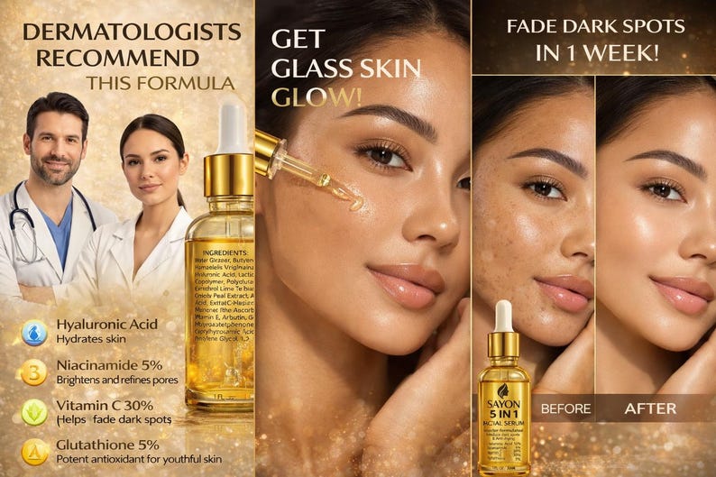 May include: An advertisement for a facial serum. The image features a bottle of serum, before and after photos of skin, and text that reads "Dermatologists Recommend This Formula" and "Fade Dark Spots in 1 Week!"