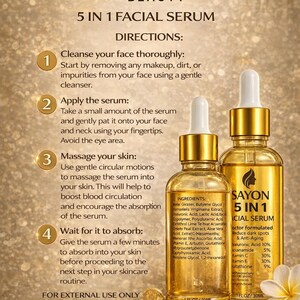 May include: Two gold-colored glass bottles of Sayon 5-in-1 facial serum with white droppers. The bottles are labeled with product information and instructions for use. The background is a gradient of gold and brown.
