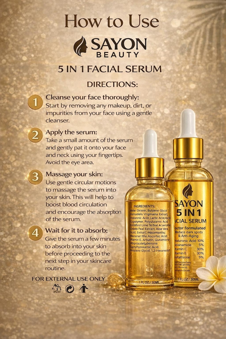 May include: Two gold-colored glass bottles of Sayon 5-in-1 facial serum with white droppers. The bottles are labeled with product information and instructions for use. The background is a gradient of gold and brown.