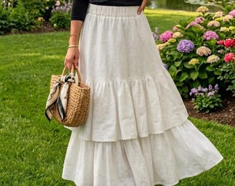 White Tiered Maxi Skirt Women | High Waist Flowy Skirt | Boho Summer Long Skirt | Elastic Waist Cottagecore Outfit