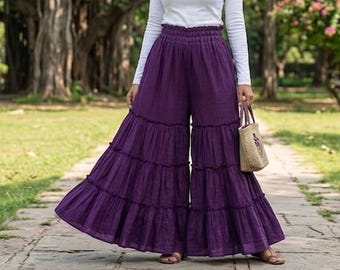 Lila Gestufte Palazzo Hose Damen | Hohe Taille Flowy Hose mit weitem Bein | Boho Baumwoll Lounge Hose
