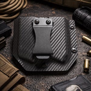 May include: A black carbon fiber holster with a metal clip is the focal point of this image. The holster is surrounded by other tactical gear, including ammunition, a flashlight, and a magazine pouch. The background is a textured, dark surface.