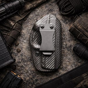 May include: A black carbon fiber holster with a metal clip, secured by two screws. The holster has a textured pattern and is surrounded by tactical gear, including a magazine and a flashlight.
