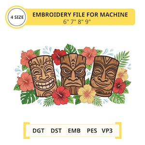 Tiki Mask Embroidery File Tropical Hawaiian Floral Design Polynesian Style Machine Embroidery Pattern
