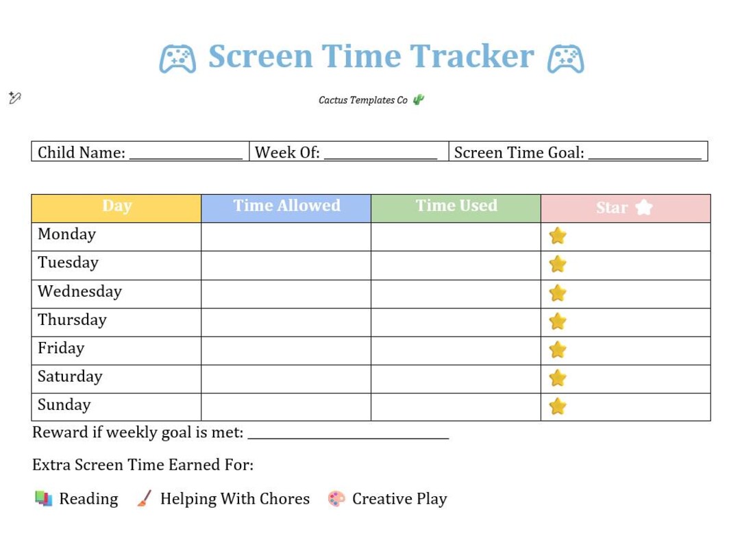 Kids Screen Time Tracker | Printable Screen Time Chart | Editable ...
