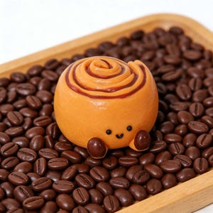 May include: A whimsical, orange cinnamon roll character with a smiling face and brown accents, resting on a bed of coffee beans within a wooden tray. The roll has a spiral design and small brown feet.