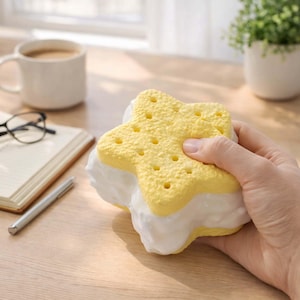 May include: A star-shaped ice cream sandwich with a yellow top and bottom and white filling. The yellow part has a textured surface with small holes. The sandwich is held in a hand.