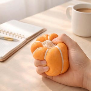 May include: An orange pumpkin-shaped stress ball with white accents is being squeezed in a hand. The stress ball has a textured surface and a white stem. A notebook, pen, and a white mug are in the background.