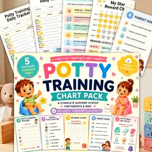 May include: A potty training chart pack featuring five essential printable sheets with colorful illustrations of children, reward charts, daily trackers, and parent guides. The text includes Potty Training Chart Pack, My Visual Potty Routine, My Star Reward Chart, and Parent Guide.