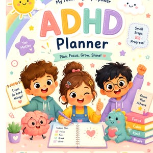 May include: Colorful ADHD planner with the title "ADHD Planner" and the text "Plan. Focus. Grow. Shine!". The cover features three cartoon children, a brain, a dinosaur, and other illustrations. The planner includes sections for daily plans, focus tools, and habit trackers.