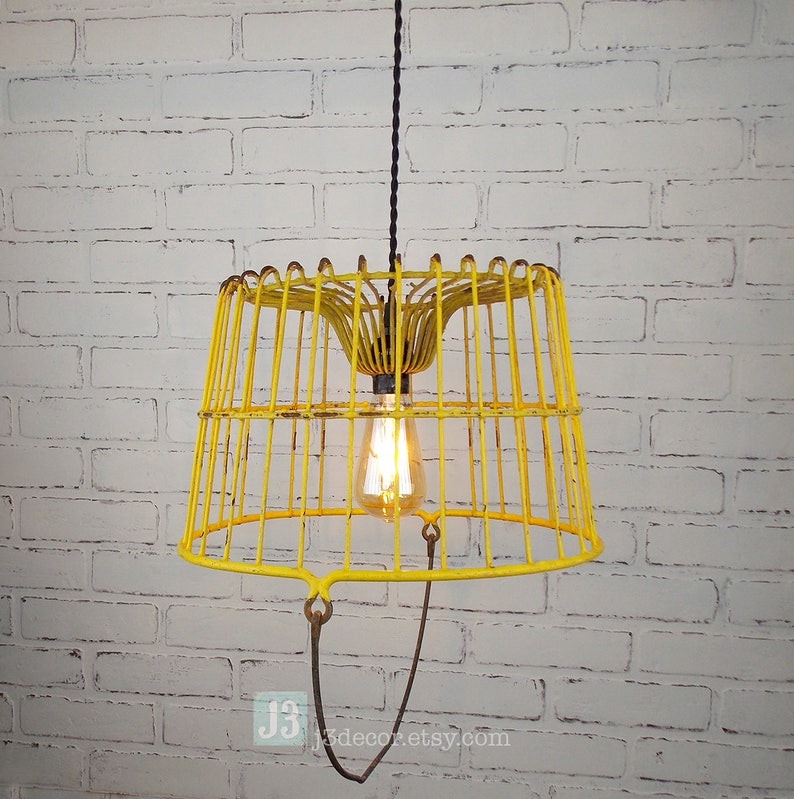 Repurposed Yellow Metal Basket Chandelier Hanging Pendant - Yellow Metal Pendant Light Repurposed Yellow Metal Basket Chandelier Hanging Pendant - Yellow Metal Pendant Light