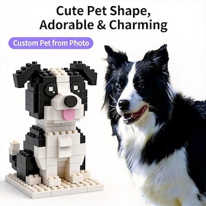 May include: A black, white, and tan brick dog sculpture next to a real dog with similar coloring. The brick dog has a pink tongue and is sitting on a tan base. Text above reads "Cute Pet Shape, Adorable & Charming" and "Custom Pet from Photo."