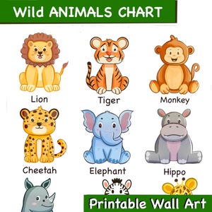 May include: A Wild ANIMALS CHART featuring cartoon illustrations of a lion, tiger, monkey, cheetah, elephant, hippo, rhino, zebra, and giraffe. Each animal is labeled with its name in black text. The bottom includes Printable Wall Art text.