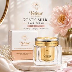 Op de afbeelding: Velora Geitenmelk Gezichtscrème Rose Geranium in een witte doos en een goudkleurige glazen pot. De verpakking bevat een geitenlogo, de tekst Nourishing, Anti-Ageing, Multi-Repairing en een nettogewicht van 50g op de etiketten.