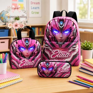 Arcee Transformers Personalized Kids Backpack Set, Custom Toddler Book Bag, Kindergarten School Backpack Lunch Tote Pen Case
