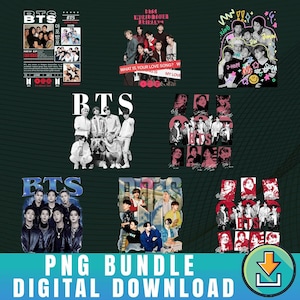 Könnte beinhalten: Eine Sammlung digitaler PNG-Dateien mit der Band BTS. Die Bilder umfassen Gruppenfotos, Tourgrafiken und Einzelporträts. Der Text "PNG BUNDLE DIGITAL DOWNLOAD" befindet sich unten.