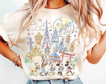 Comfort color Mickey & Friends Disney Epcot Shirt, Epcot World Tour 2026, Disneyland Family Vacation, Snacks Drinking Around The World Shirt