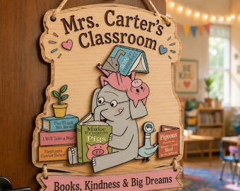 Personalized Teacher Classroom Door Sign, Custom Name Wooden Hanging Sign Inspired By Children'S Books, Reading Teacher Classroom Decor Gift