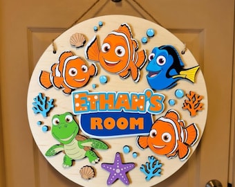 Personalized Finding Nemo Wood Round Sign, Under the Sea Nursery Decor, Disneyland Custom Name Sign, Kids Door Hanger, Baby Shower Gift