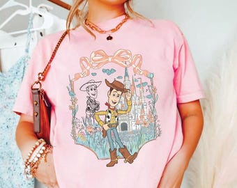 Woody Coquette Bow Disneyland Comfort Colors Tee, Watercolor Coquette Bow Toy Story Characters Tee, Family Matching Shirt,