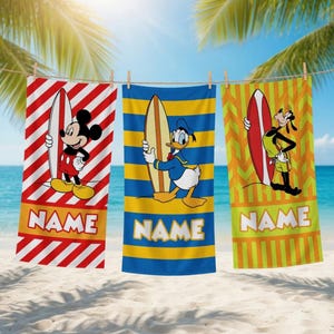 Personalized Mickey Mouse Beach Towel with Name, Disneytrip Cartoon Surf Summer Ocean Pool Towel, Custom Vacation Beach Gift Bild 1