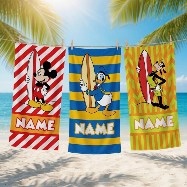 Personalized Mickey Mouse Beach Towel with Name, Disneytrip Cartoon Surf Summer Ocean Pool Towel, Custom Vacation Beach Gift Bild 1