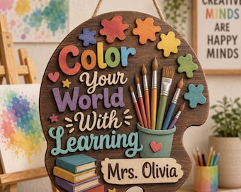 Personalized Teacher Name Sign, Colorful Wood Door Decor Gift, Custom Teacher Classroom Decor, School Wall Art, Teacher Appreciation Gift