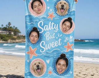 Personalized Dog Beach Towel, Salty But Sweet Custom Photo Towel, Pet Lover Beach Towel, Custom Dog Face Towel, Summer Vacation Gift