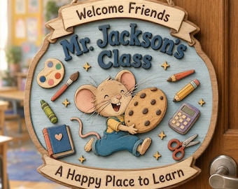 Personalized Mouse Teacher Door Hanger, Welcome Classroom Decor, Preschool Kindergarten Teacher Gift, Teacher Classroom Door Sign