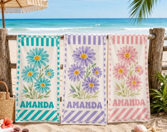 Girl Name Towel, Personalized Towel, Personalized Beach Towel, Towel with Name, Gift for Tween, Daisy Floral Towel, Boho Beach Towel, 30"x60
