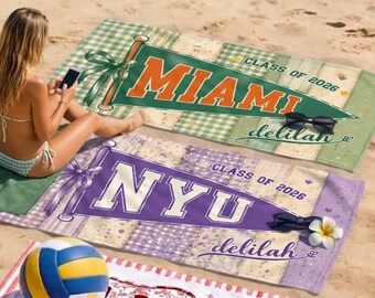 Custom Striped Graduation Beach Towel,Personalized University Name Beach Towel,School Spirit Pool Towel,Coquette College Pennant Flag Towel