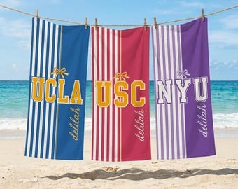 Custom University Beach Towel Custom With Name, School Banner Striped Towel, Class of 2026 Senior Team Gift, Coquette College Pennant Towel