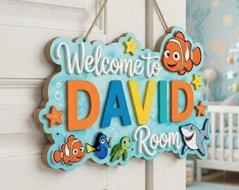 Personalized Nemo and Dory Wooden Name Sign, Finding Nemo Kids Room Decor, Ocean Nursery Wooden Sign, Custom Wooden Door Hanger