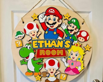 Super MRO Wooden Name Sign, Personalized Wall Decor, Game Inspired Kids Bedroom Art, Door Sign, Customized Gift, Nursery Room Decoration