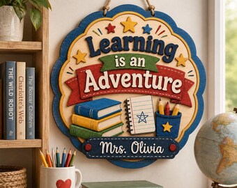 Letrero de madera personalizado para la puerta del profesor, letrero personalizado con el nombre del aula, colgador de puerta floral para la decoración del aula escolar.