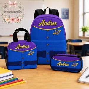 Custom Little Green Men Alien Backpack Bundle, Toy Story Aliens Book Bag Set with Matching Lunch Tote and Pencil Pouch