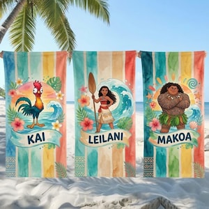 Custom Name Moana Maui Hei Hei Summer Towel, Personalized Moana Beach Towel, Polynesian Princess Kids Pool Towel immagine 1