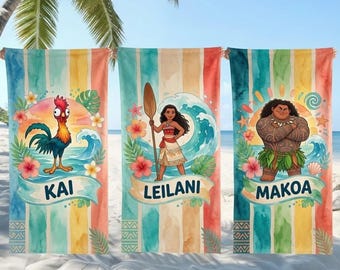 Custom Name Moana Maui Hei Hei Summer Towel, Personalized Moana Beach Towel, Polynesian Princess Kids Pool Towel