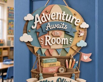 Custom Teacher Name Sign, Custom Hot Air Balloon Classroom Decor, Book Wall Art, Adventure Awaits Teacher Gift, Teacher Appreciation Gift