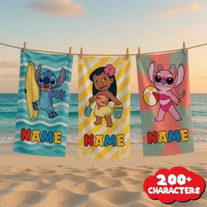 Disneyland Lilo And Stitch Personalized Beach Towel, Stitch And Angel Pool Party Towels, Retro Style Bridesmaid Towel, Birthday Gift image 1