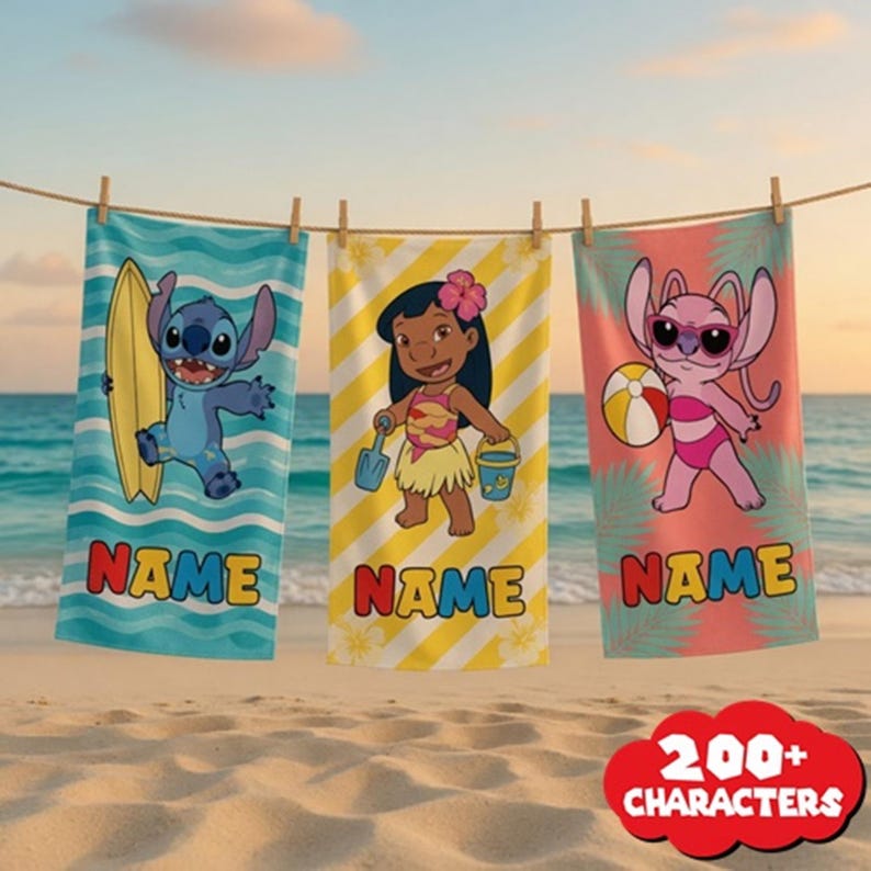 Disneyland Lilo And Stitch Personalized Beach Towel, Stitch And Angel Pool Party Towels, Retro Style Bridesmaid Towel, Birthday Gift image 1