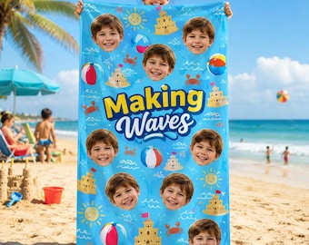 Personalized Making Waves Kids Beach Towel, Custom Face Beach Towel, Making Waves Towel, Summer Vacation Gift, Pool Towel For Boys And Girls